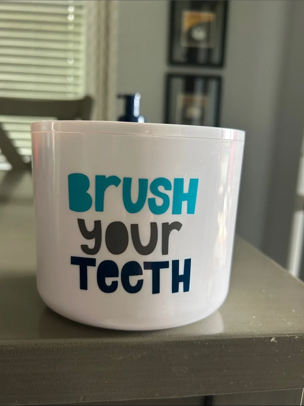 White 'Wash Your Hands' Pump Dispenser And ‘Brush Your Teeth’ toothbrush holder